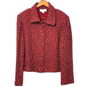 St. John Collection Claret Classic Knit Tweed Boucle Jacket Button Down Size XL